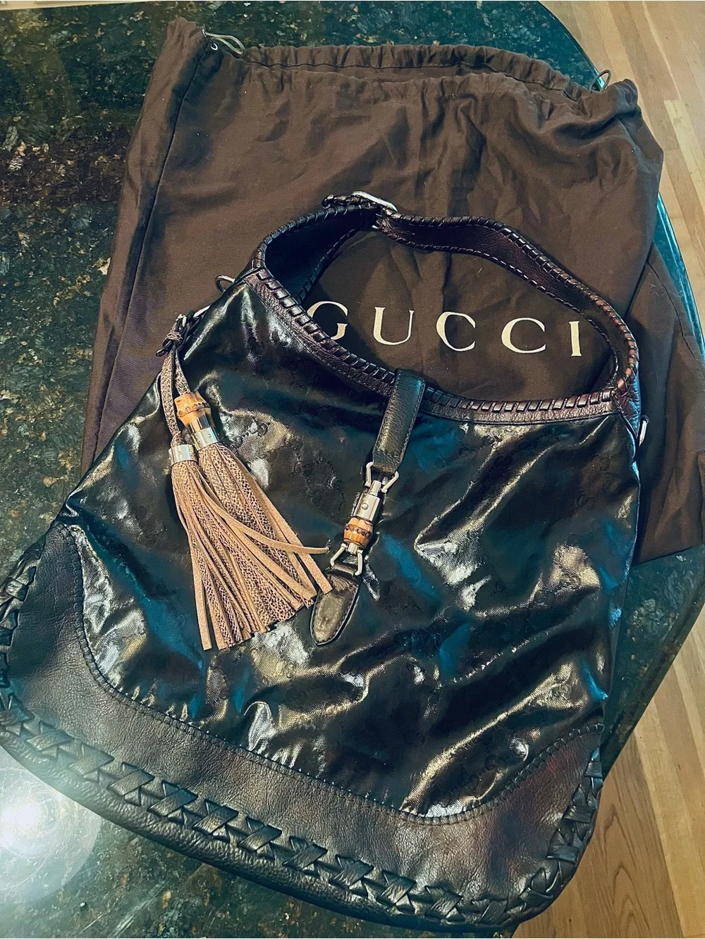 Gucci Vintage rare “Jackie Bamboo”Espresso/Black/CrystalCanvas/Leather hobo